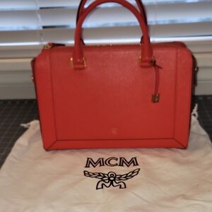 MCM Coral Saffiano Leather Satchel With Dustbag